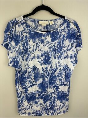 Cynthia Rowley Blue Floral Button Shoulder Cap Sleeve Linen Tee NEW!